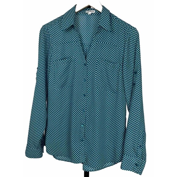 Express Button Up Blouse Medium Green Polka Dots Roll Tab Long Sleeve Career Top - Picture 1 of 5